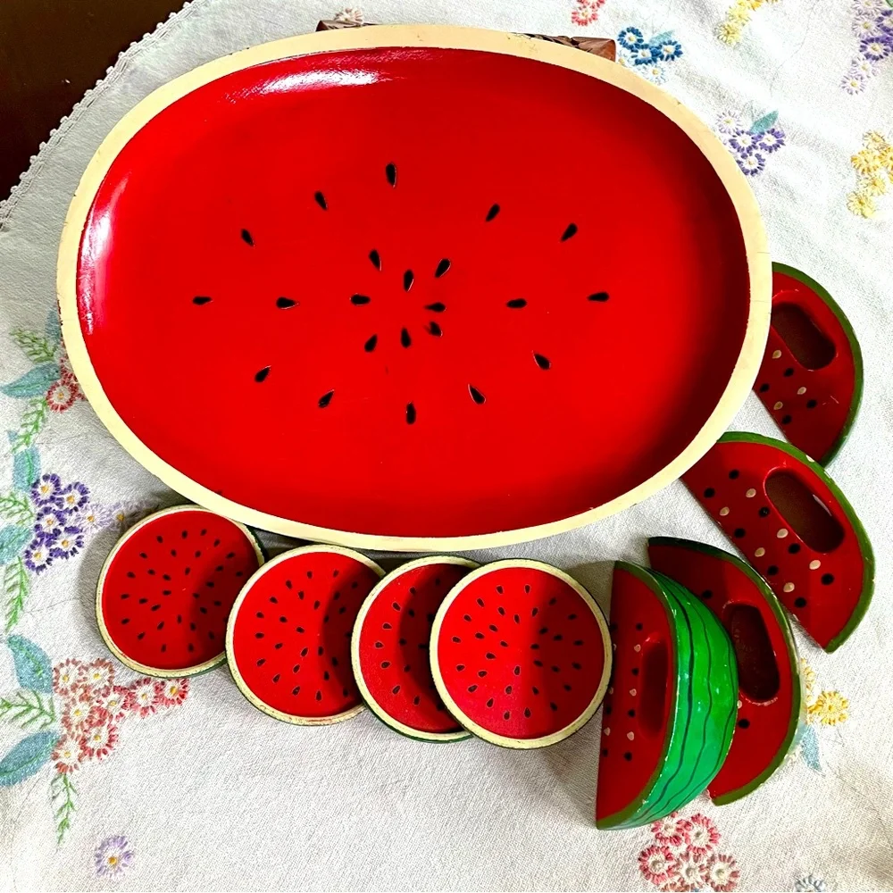 Vintage Wooden Watermelon Cocktail Tray Set. 4 Coasters & 4 Napkin Holders. 14